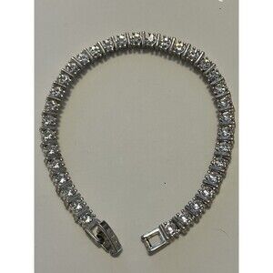CZ Rhinestone Tennis Style Bracelet, Silver Tone, 7"